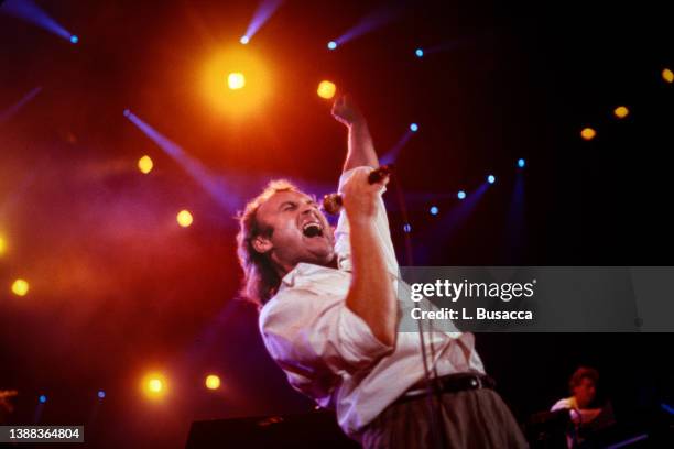 Singer songwriter Phil Collins of the band Genesis performs in support of their album "The Invisible Touch" at The Brendan Byrne Arena on May 30,...