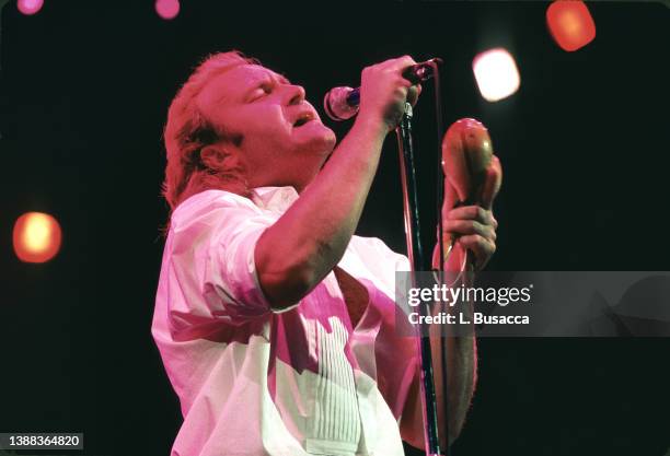 Singer songwriter Phil Collins of the band Genesis performs in support of their album "The Invisible Touch" at The Brendan Byrne Arena on May 30,...