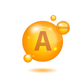 Vitamin A gold shining icon. Ascorbic acid. Shining golden substance drop. Nutrition skin care. Vector