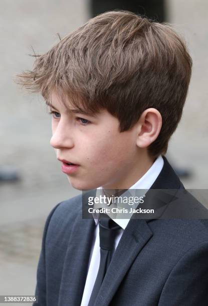 James, Viscount Severn departs the memorial service for the Duke Of Edinburgh at Westminster Abbey on March 29, 2022 in London, England.