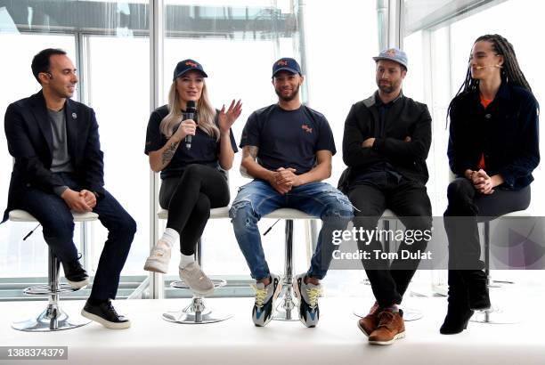 Khalil Beschir, Elise Christie, Tre Whyte, Billy Morgan and Jordan Rand speak during the eSC Season 1 Press Conference at The View from The Shard on...