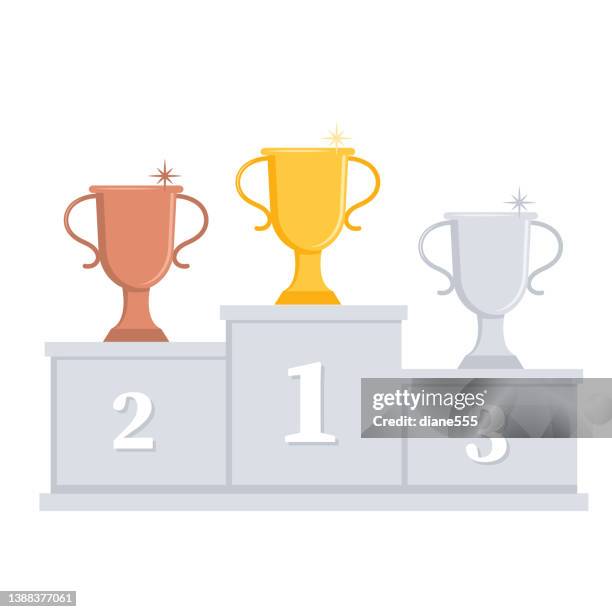 ilustraciones, imágenes clip art, dibujos animados e iconos de stock de podio de premios con trofeos de colores sobre fondo transparente - tercer lugar