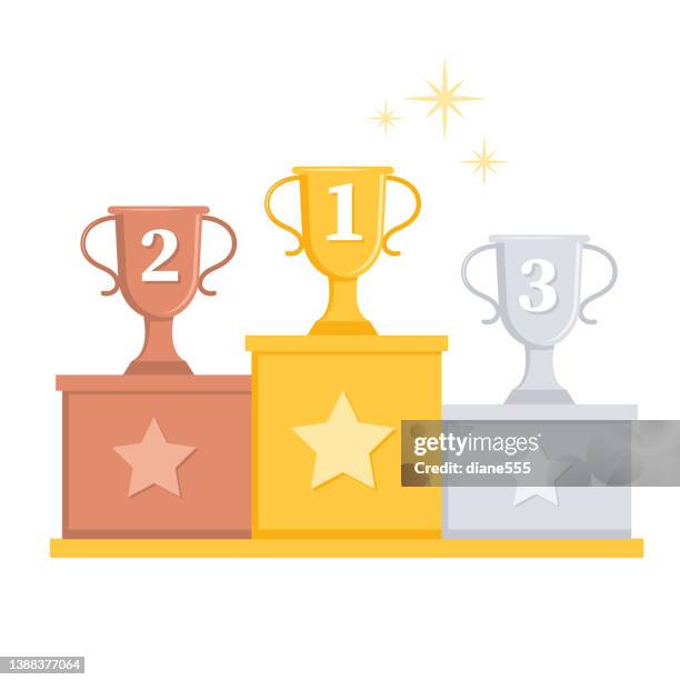 award-podium mit farbigen trophäen auf transparentem hintergrund - siegerpodest stock-grafiken, -clipart, -cartoons und -symbole