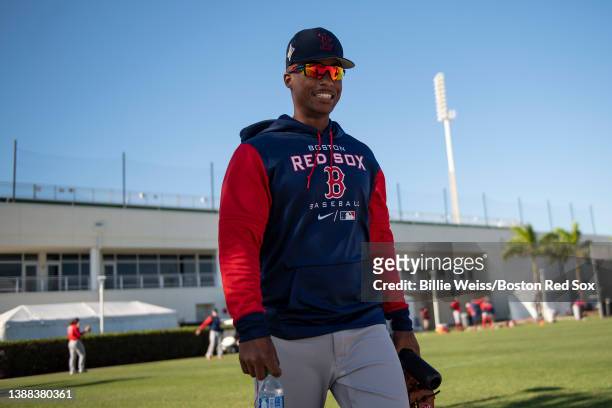 Jeter Downs of the Boston Red Sox reacts during a spring training team workout on March 13, 2022 at jetBlue Park at Fenway South in Fort Myers,...