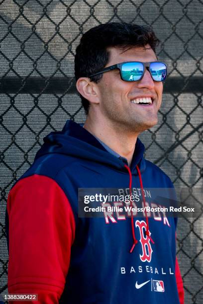 Chief Baseball officer Chaim Bloom of the Boston Red Sox reacts during a spring training team workout on March 13, 2022 at jetBlue Park at Fenway...