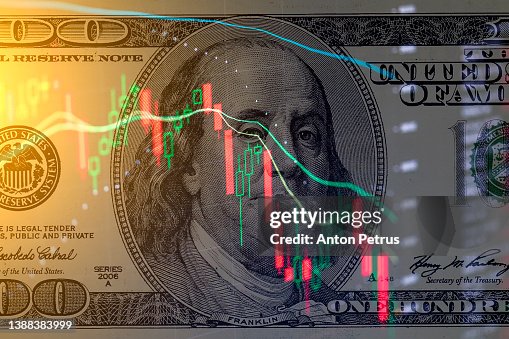 One hundred dollar bill on the background of stock charts. Economic crisis. One hundred dollar bill on the background of stock charts. Economic crisis.