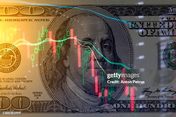 one hundred dollar bill on the background of  stock charts. economic crisis. - stock of japanese yen and us dollars ahead of british eu referendum vote stockfoto's en -beelden