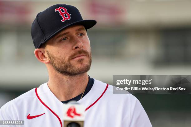 Trevor Story of the Boston Red Sox is presented speaks during a press conference announcing the signing of a six-year contract through 2027 during a...