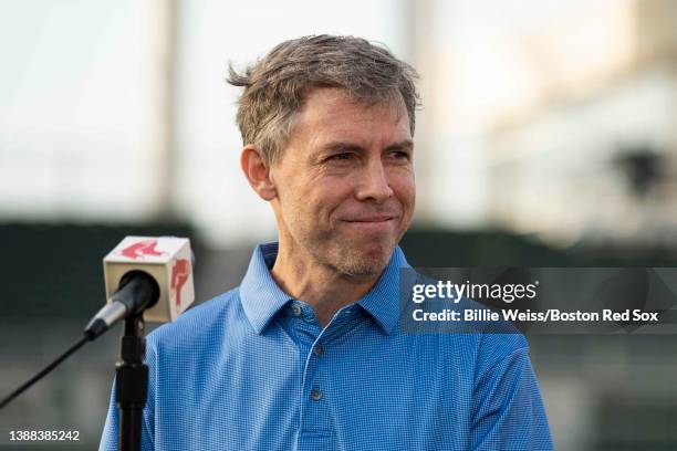 Boston Red Sox General Manager Brian O"u2019Halloran looks on during a press conference announcing the signing of Trevor Story of the Boston Red Sox...