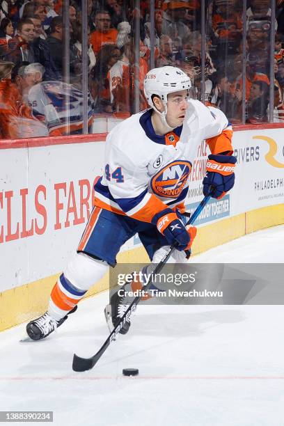 Nate Thompson of the Philadelphia Flyers skates with the puck against the Philadelphia Flyers at Wells Fargo Center on March 20, 2022 in...