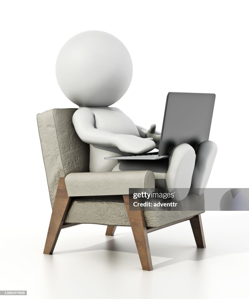 3D figure sits on the chair using a laptop computer