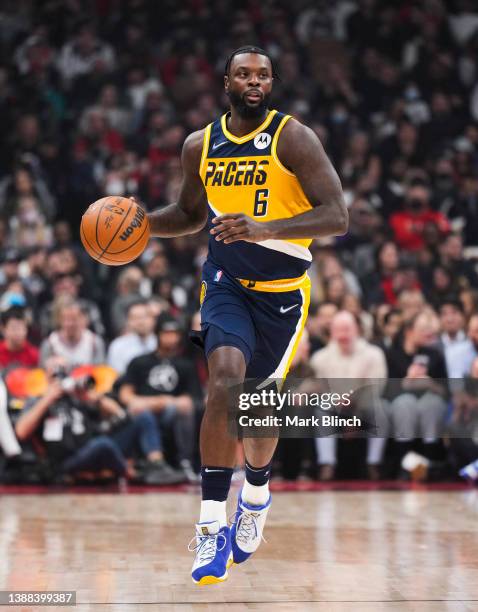 Lance Stephenson of the Indiana Pacers dribbles against the Toronto Raptors during the first half of their basketball game at the Scotiabank Arena on...