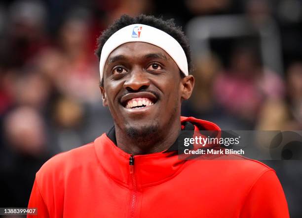 Pascal Siakam of the Toronto Raptors smiles in warm ups before playing the Indiana Pacers in of their basketball game at the Scotiabank Arena on...