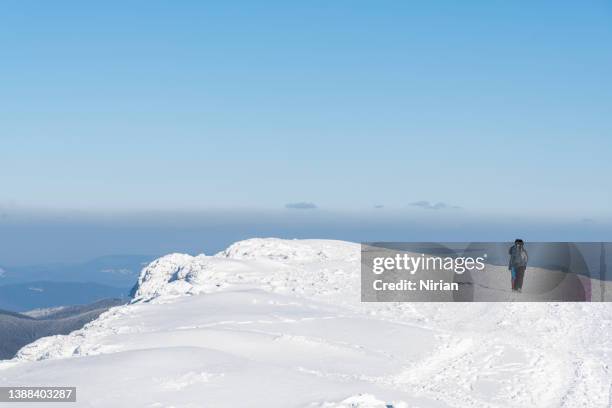 rear view of a hikers on a winter trail - babia góra mountain stockfoto's en -beelden