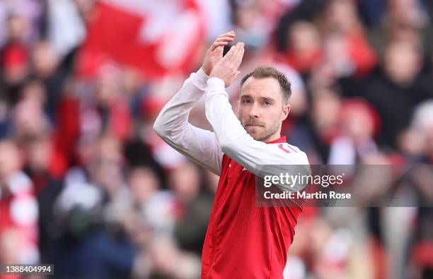 Christian Eriksen of Denmark applauds the fans prior to the international friendly match between Denmark and Serbia at Parken Stadium on March 29,...