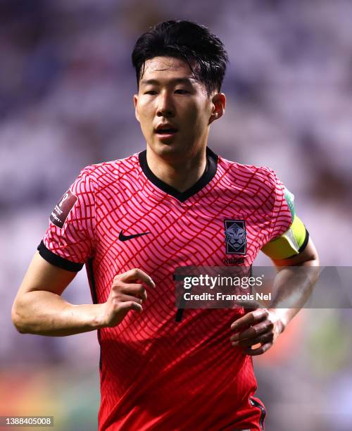 Son Heung Min of South Korea looks on during the FIFA World Cup Qatar 2022 qualification match between United Arab Emirates and South Korea at on...