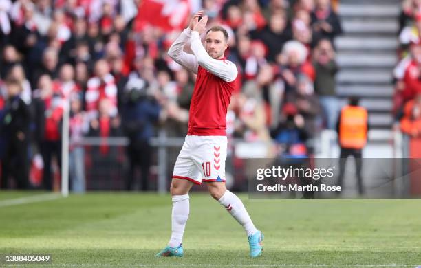 Christian Eriksen of Denmark applauds the fans prior to the international friendly match between Denmark and Serbia at Parken Stadium on March 29,...