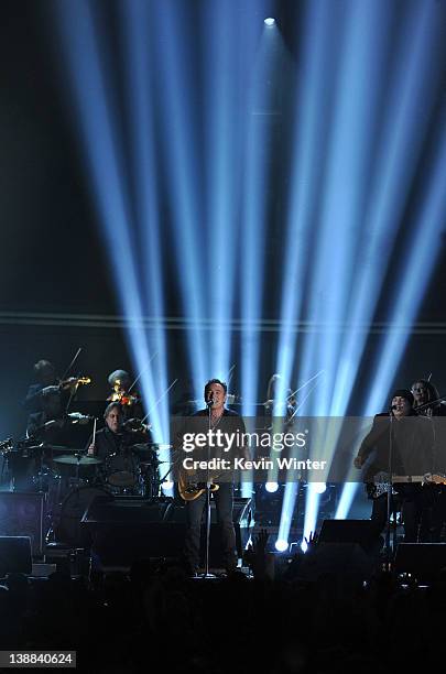 Musicians Max Weinberg, Bruce Springsteen and Steven Van Zant of the E Street Band perform onstage at the 54th Annual GRAMMY Awards held at Staples...