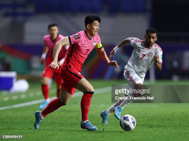 Son Heung Min of South Korea controls the ball during the FIFA World Cup Qatar 2022 qualification match between United Arab Emirates and South Korea...