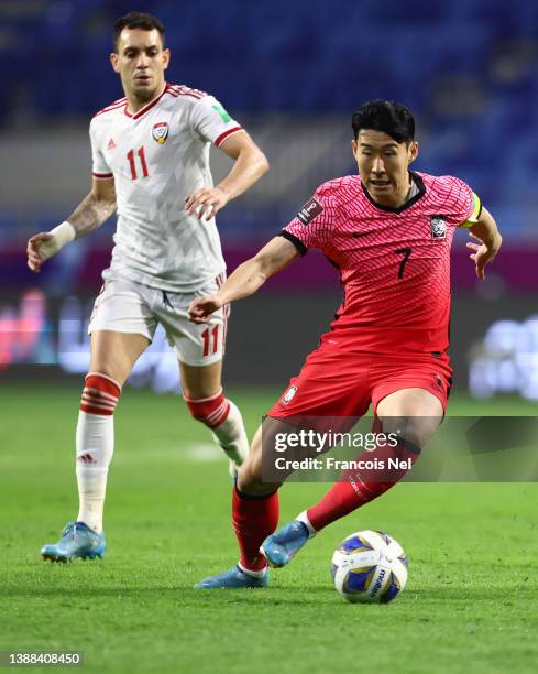 Son Heung Min of South Korea controls the ball during the FIFA World Cup Qatar 2022 qualification match between United Arab Emirates and South Korea...