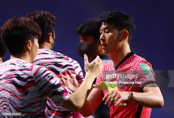 Son Heung Min of South Korea shows dejection after the FIFA World Cup Qatar 2022 qualification match between United Arab Emirates and South Korea at...