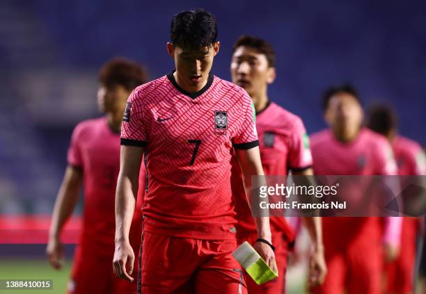 Son Heung Min of South Korea shows dejection after the FIFA World Cup Qatar 2022 qualification match between United Arab Emirates and South Korea at...