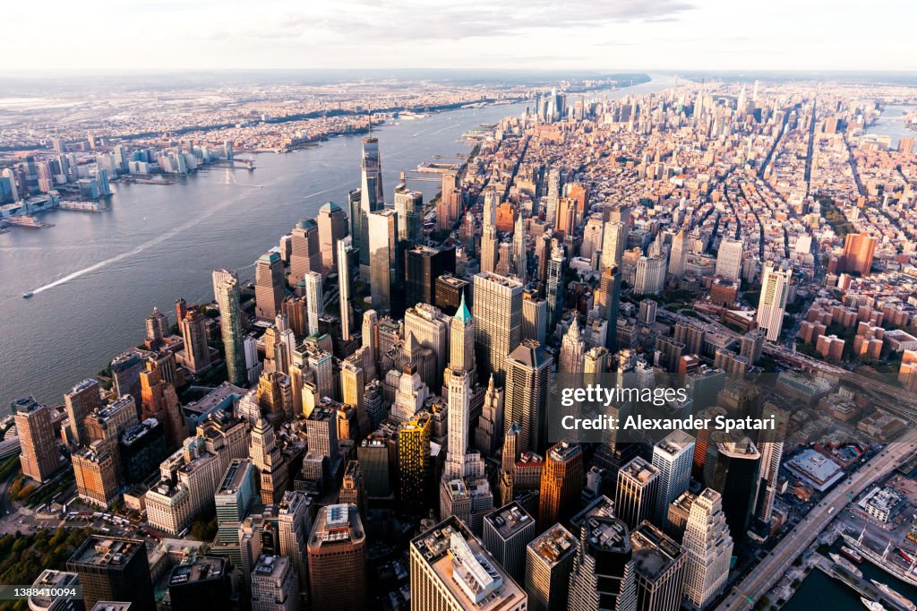 Aerial view of Manhattan Downtown photographed from helicopter, New York City, USA