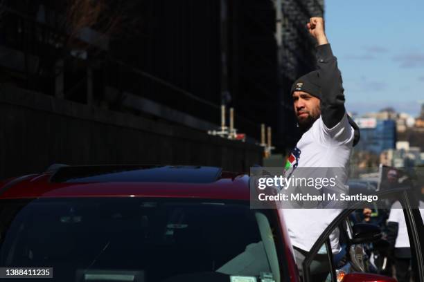 App-based drivers and delivery workers take part in a protest at the former headquarters of Uber Technologies on March 29, 2022 in New York City....