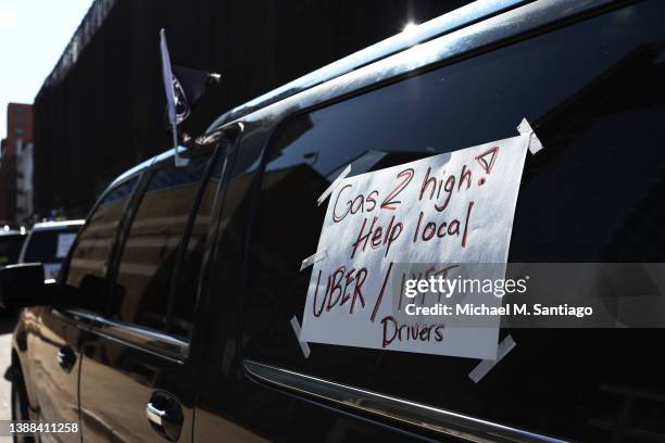 App-based drivers and delivery workers take part in a protest at the former headquarters of Uber Technologies on March 29, 2022 in New York City....