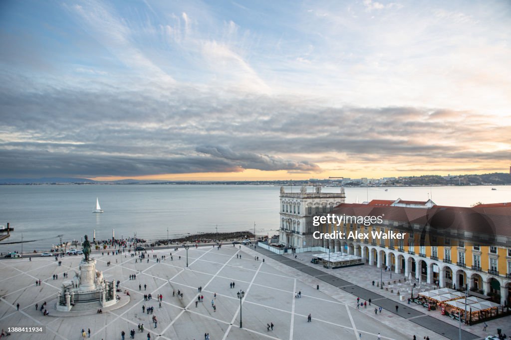 Aerial View of Praça do Comércio in Lisbon, Portugal at sunset.