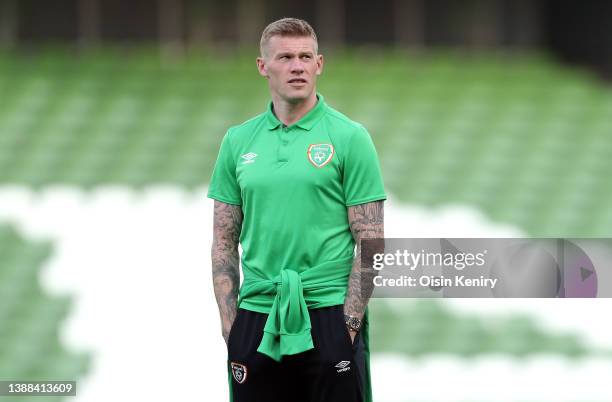James McClean of Ireland inspects the pitch prior to the international friendly match between Republic of Ireland and Lithuania at Aviva Stadium on...