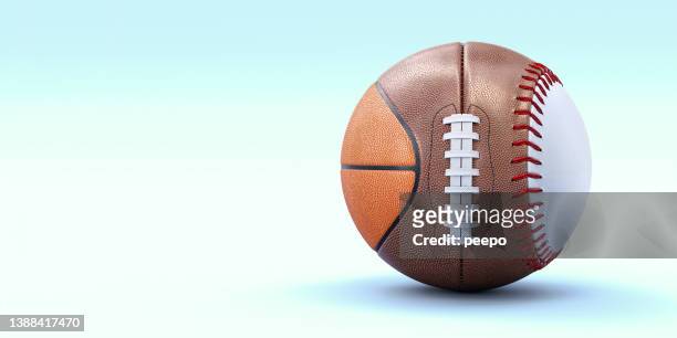 hybrid sports ball made from basketball, american football and baseball - american football ball stock pictures, royalty-free photos & images