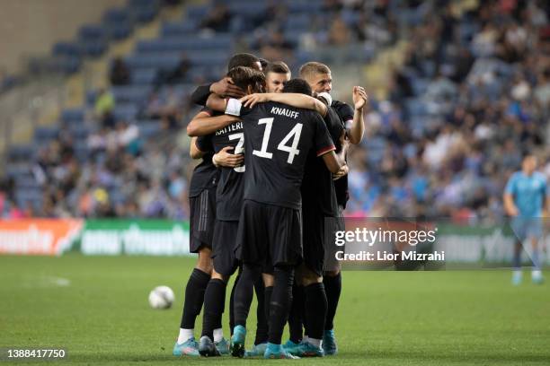 Germany players celebrate after a goal during the UEFA European Under-21 Championship Qualifier match between Israel U21 and Germany U21 on March 29,...