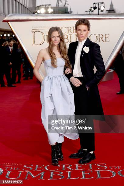 Hannah Bagshawe and Eddie Redmayne attend the "Fantastic Beasts: The Secrets of Dumbledore" world premiere at The Royal Festival Hall on March 29,...