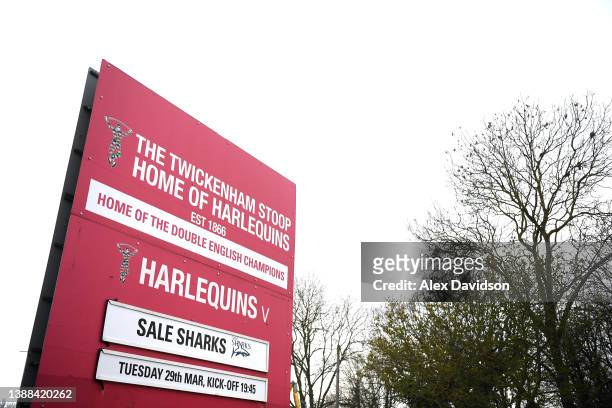 General view outside the ground ahead of the Premiership Rugby Cup match between Harlequins and Sale Sharks at Twickenham Stoop on March 29, 2022 in...