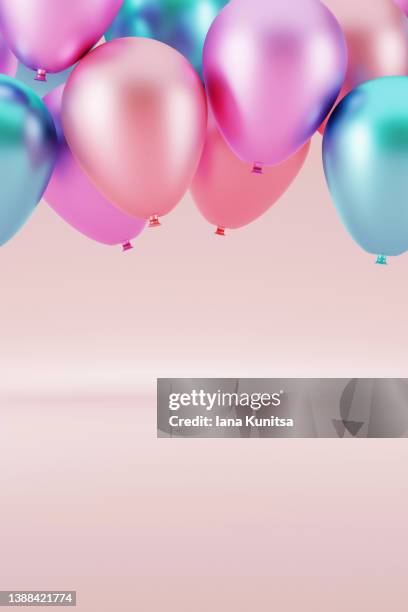 shiny pink and blue balloons. beautiful 3d greeting vertical banner. copy space. - anniversary celebration stock pictures, royalty-free photos & images