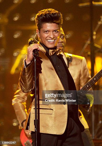 Musician Bruno Mars performs onstage at the 54th Annual GRAMMY Awards held at Staples Center on February 12, 2012 in Los Angeles, California.