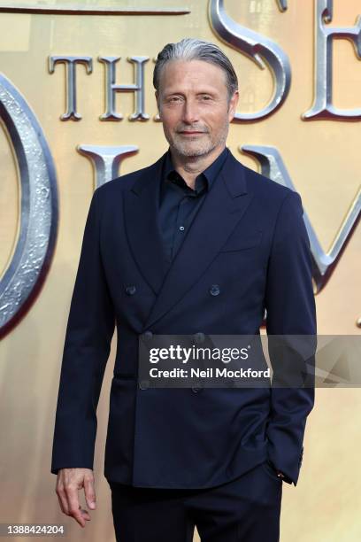 Mads Mikkelsen attends the "Fantastic Beasts: The Secrets of Dumbledore" world premiere at The Royal Festival Hall on March 29, 2022 in London,...