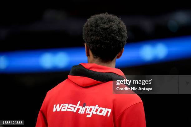 The Washington Wizards logo is pictured on a uniform during the third quarter against the Detroit Pistons at Little Caesars Arena on March 25, 2022...