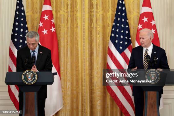 Prime Minister Lee Hsien Loong of Singapore delivers remarks alongside U.S. President Joe Biden in the East Room of the White House on March 29, 2022...