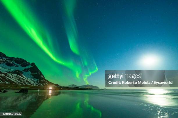 moonlight over skagsanden beach under northern lights - aurora borealis stock-fotos und bilder