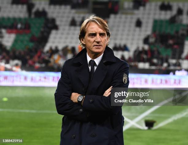 Head coach of Italy Roberto Mancini arrives before the International Friendly match between Turkey and Italy on March 29, 2022 in Konya, Turkey.