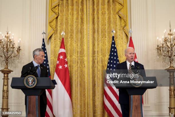 President Joe Biden delivers remarks alongside Prime Minister Lee Hsien Loong of Singapore in the East Room of the White House on March 29, 2022 in...