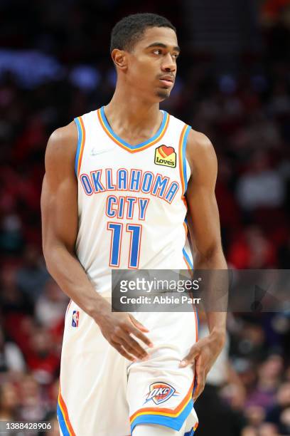 Theo Maledon of the Oklahoma City Thunder reacts during the fourth quarter against the Portland Trail Blazers at Moda Center on March 28, 2022 in...