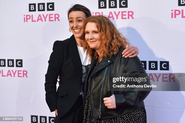 Suranne Jones and Jennie McAlpine walk the red carpet at The Piece Hall ahead of the "Gentleman Jack" Halifax Screening on March 29, 2022 in Halifax,...