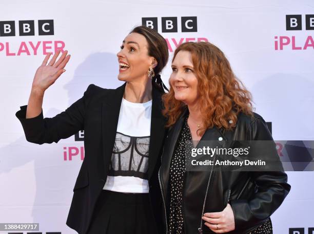 Suranne Jones and Jennie McAlpine walk the red carpet at The Piece Hall ahead of the "Gentleman Jack" Halifax Screening on March 29, 2022 in Halifax,...