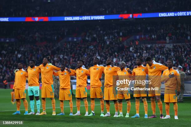 Players of Cote D'Ivoire stand for the national anthem prior to the international friendly match between England and Cote D'Ivoire at Wembley Stadium...