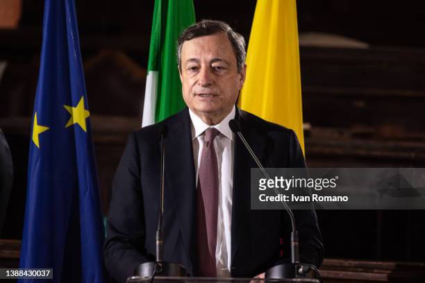 Mario Draghi speaks during the ceremony for the signing of the "Pact for Naples" on March 29, 2022 in Naples, Italy. The Prime Minister Mario Draghi...