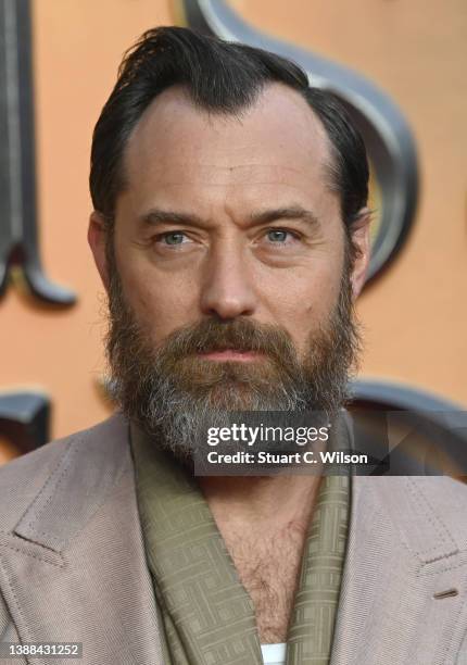 Jude Law arrives at the "Fantastic Beasts: The Secret of Dumbledore" World Premiere at The Royal Festival Hall on March 29, 2022 in London, England.