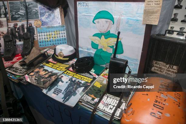 Malvinas/Falklands War memorabilia on display in a travelling war museum on May 10, 2019 in Buenos Aires, Argentina. The South Atlantic War, also...